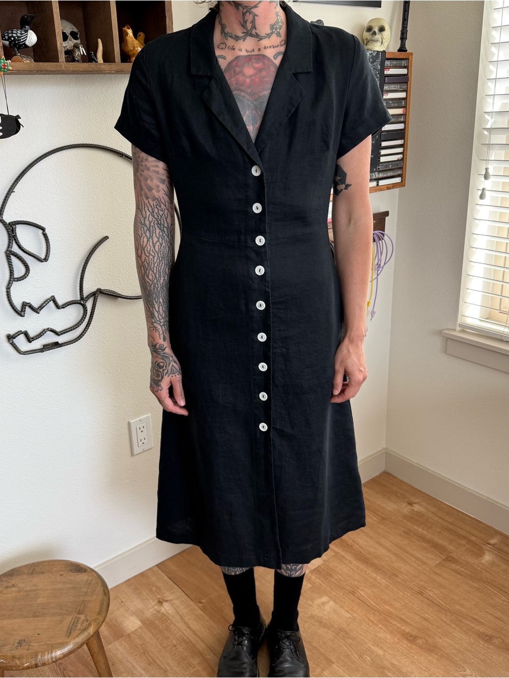 NWT Quince Black Minimalist European Linen Button Front Dress ~ Size XS